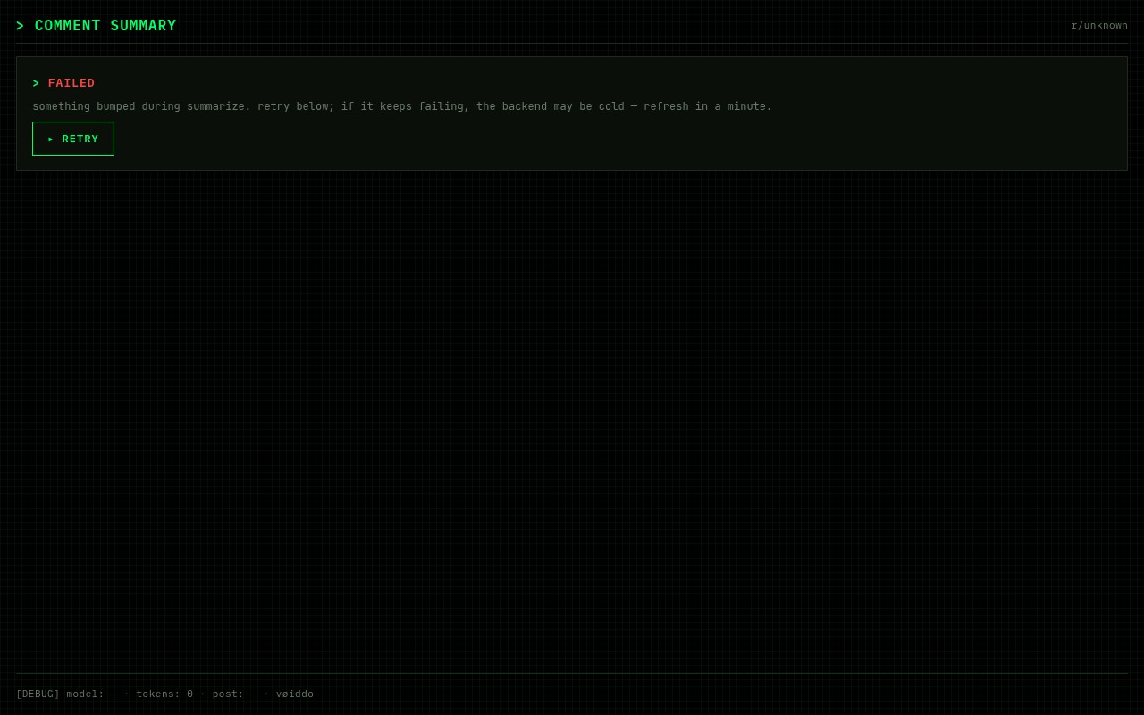 comment-summary mod-tool brutalism interface — lime accent · cold-backend honest error