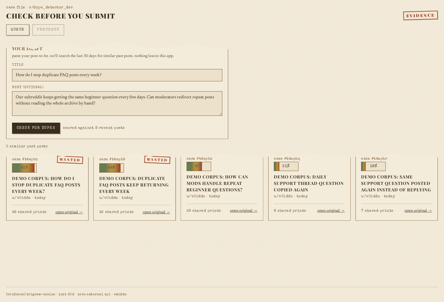 dupe-detector precheck screen — draft post compared against recent similar posts with similarity scores